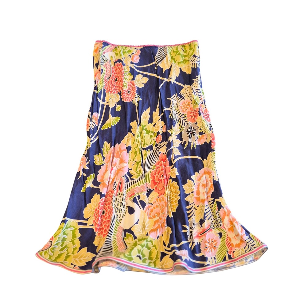 Mimi Chica Navy Floral Crane Print Midi Skirt Pink Lace Trim Medium ROY212